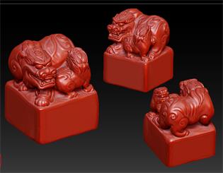 狮子母子印章圆雕圆雕图，zbrush三维立体图，