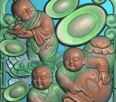 46牌元宝童子送财，精雕图库，灰度图，浮雕图，