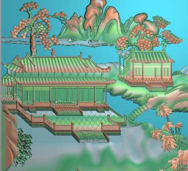 山水背板，精雕图库，灰度图，浮雕图，雕刻图