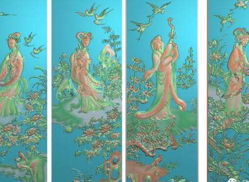 极品四大美女顶箱柜全套图精雕图库，灰度图，
