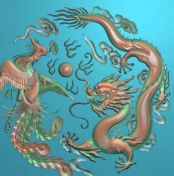  龙凤圆盘,精雕图库，灰度图，浮雕图，雕刻图库