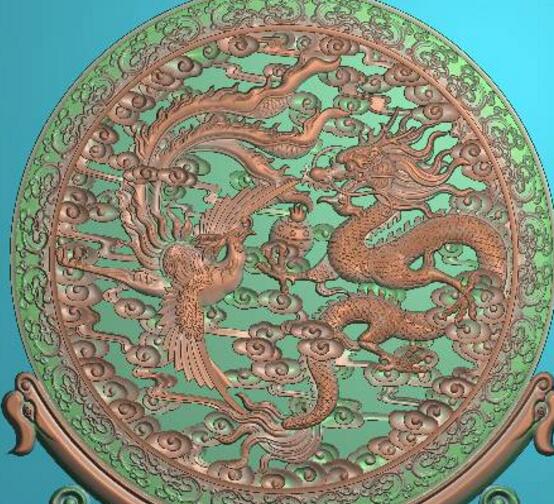龙凤圆镜子精雕图库，灰度图，浮雕图，雕刻图