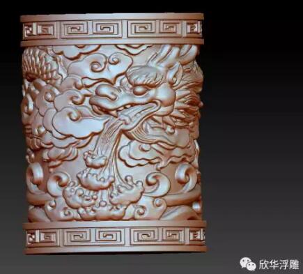 龙笔筒圆雕图，zbrush三维立体图， 财神福，圆雕