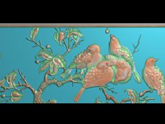 檀雕花鸟背精雕图库，灰度图，浮雕图，雕刻图