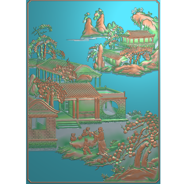 山水读书  精雕图