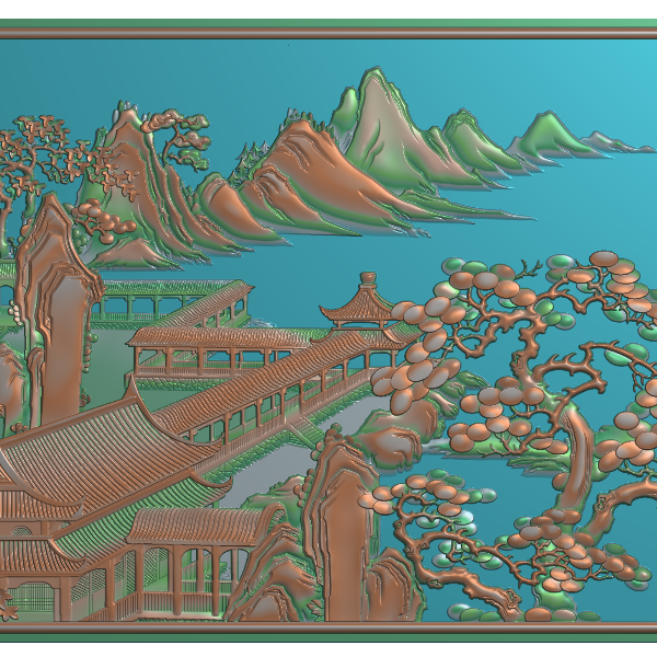 双人沙发靠背山水精雕图