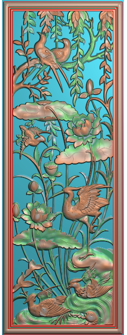 荷花鸟屏风24精雕浮雕灰度图
