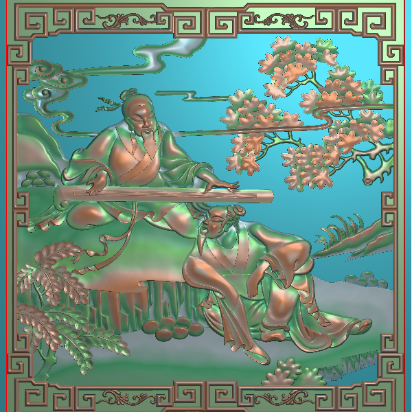 人物弹琴精雕图A85